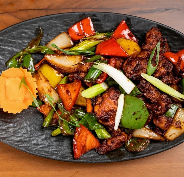 Hakka chilli chicken with peppers and spring onion at de Delhi Indian & Hakka Kitchen, Mississauga