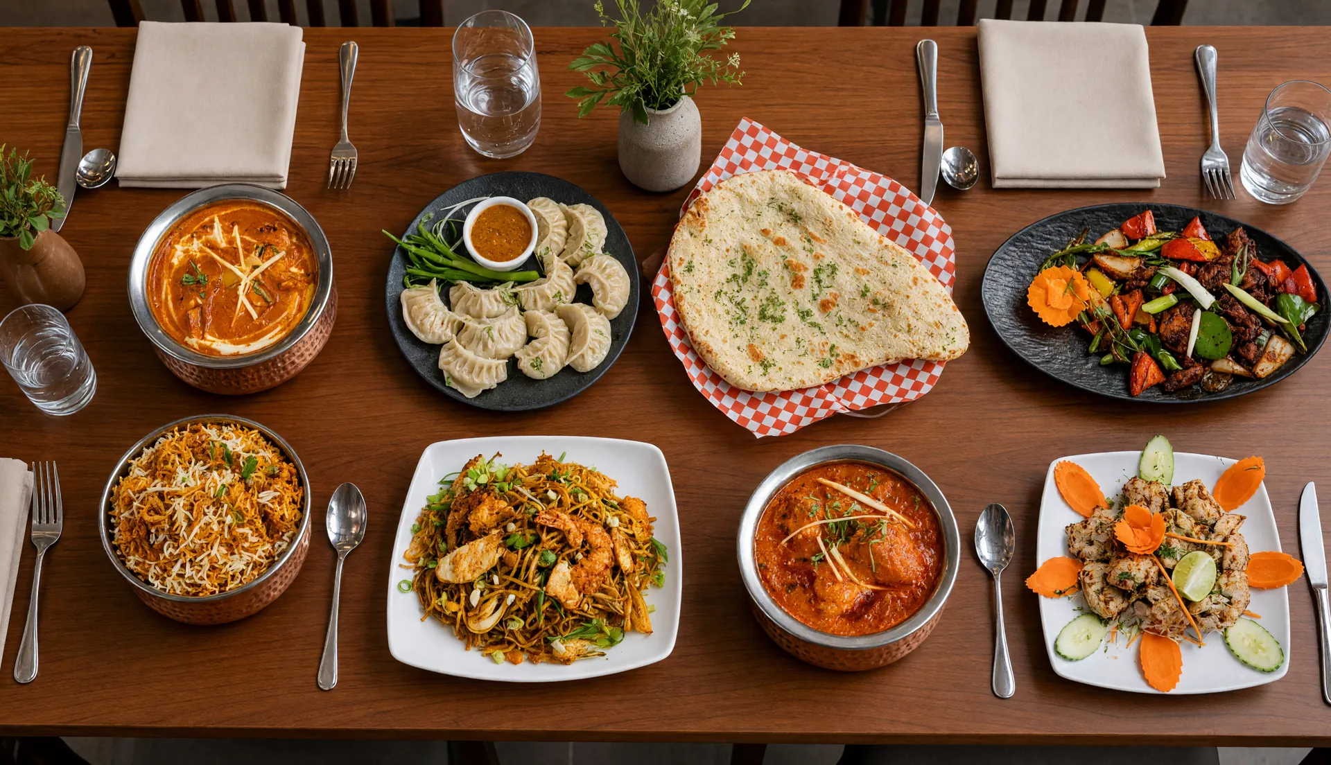 Indian curries, naan and rice at de Delhi Indian & Hakka Kitchen in Mississauga, ON