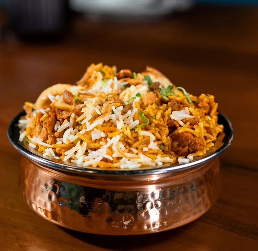 Chicken biryani in a copper handi at de Delhi Indian & Hakka Kitchen, Mississauga
