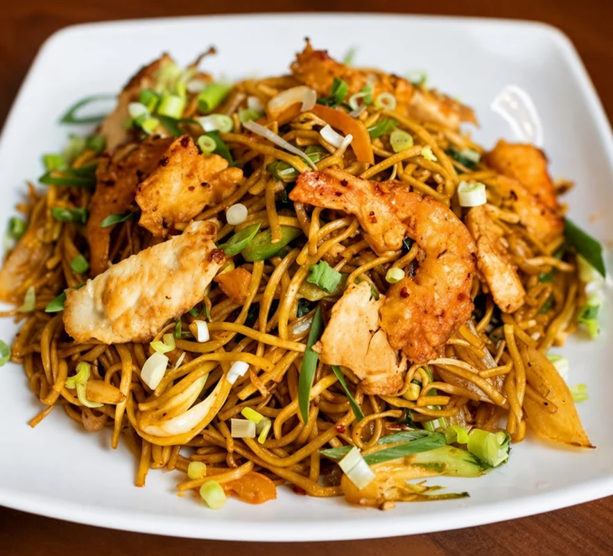 Hakka mix noodles with chicken and shrimp at de Delhi Indian & Hakka Kitchen, Mississauga